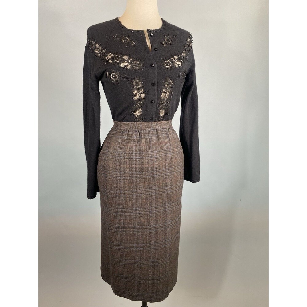 Vintage Houndstooth Plaid Skirt With Pockets Made In USA Wool 29” Waist